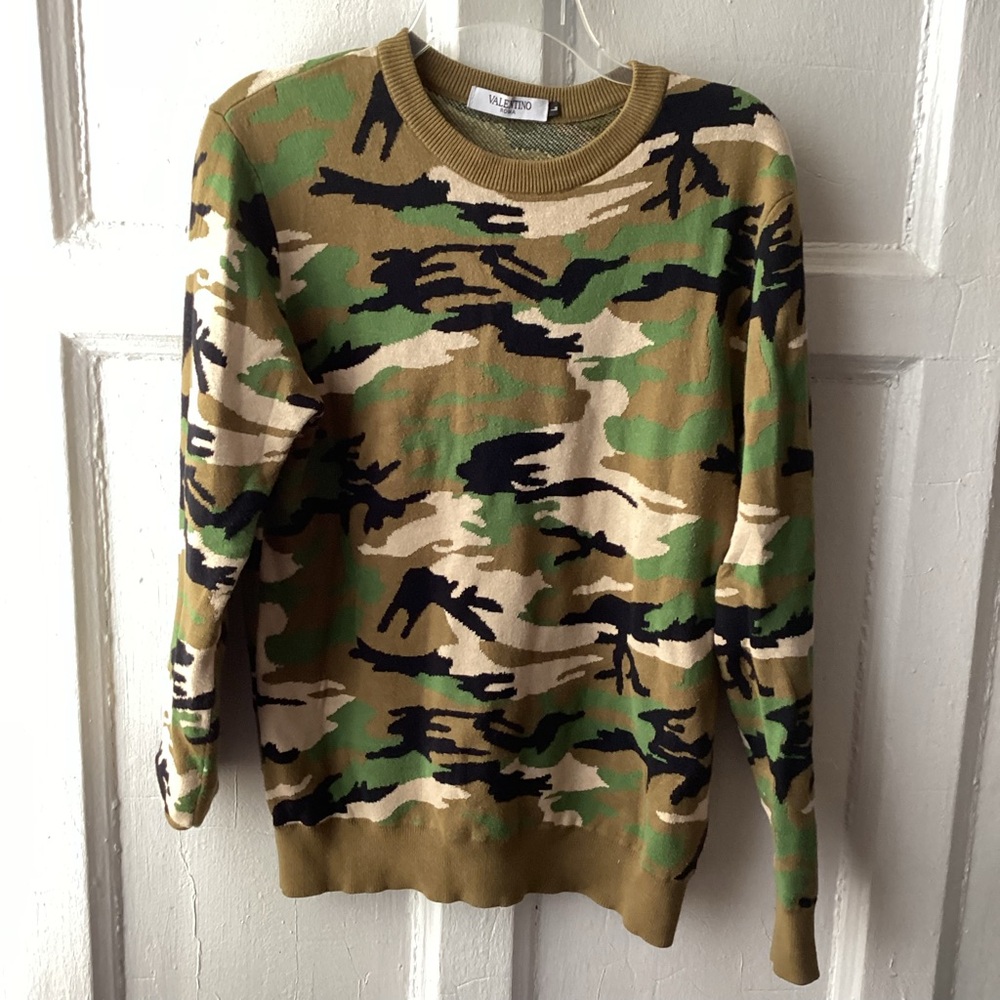 Valentino Green and Brown Camouflage Crewneck Sweater
